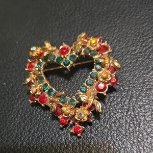 Elegant Gold Heart Brooch with Red and Green Accents